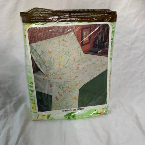 Vintage 70s twin bed sheet butterfly garden spring meadow - Picture 1 of 7